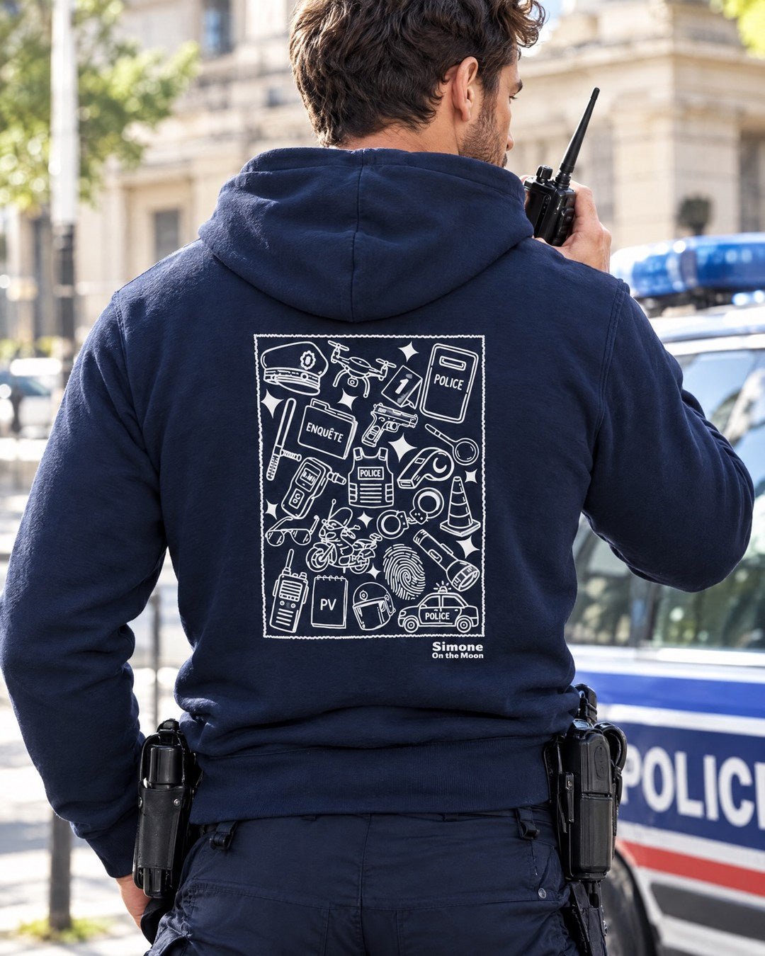 sweat a capuche bleu marine policier